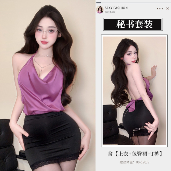 Qingruohan Seductive Backless Lace Set - Busty Deep V-Neck Bodycon Lingerie Outfit for Women - Image color + 3003 black