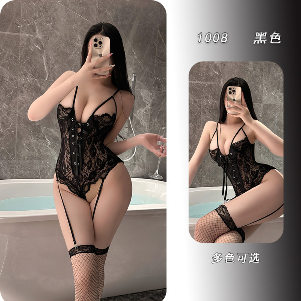 YeYu Plus Size Lace Lingerie Set with Underwire & Padded Cups - Sexy Uniform-Inspired Women's Intimate Apparel - Black [fishnet stockings not included]
