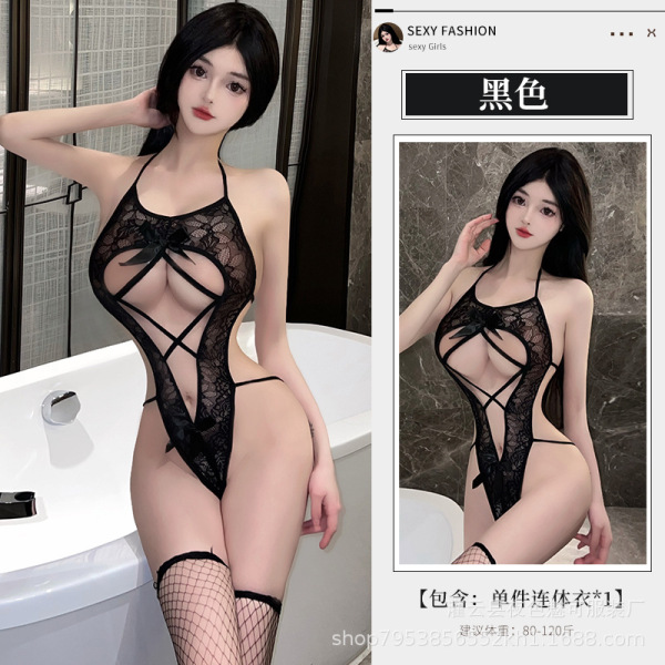 Lace Cut-Out Bodysuit for Women - Seductive Sheer Sleepwear Set, No-Remove Erotic Lingerie Outfit - Image color + 3000 black