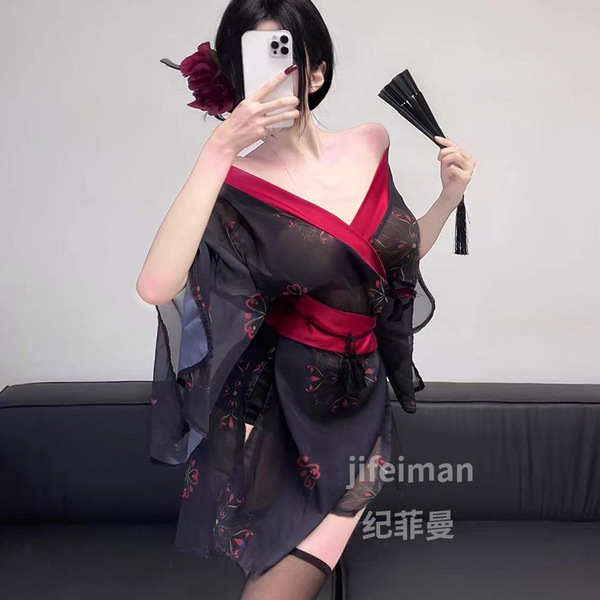 Jifiman Sexy Lingerie Set - Japanese-Style Black Kimono Sleepwear, No-Remove Pure-Yu Outfit with Floral Print - black kimono