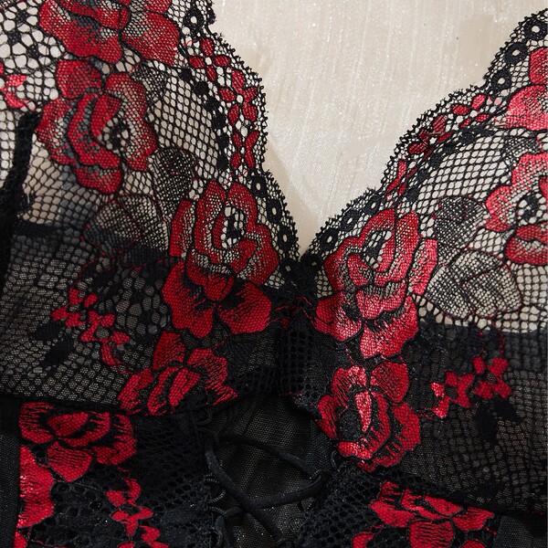 Black lace bodysuit with red floral embroidery, sheer mesh design, open-crotch lingerie for women, european style.