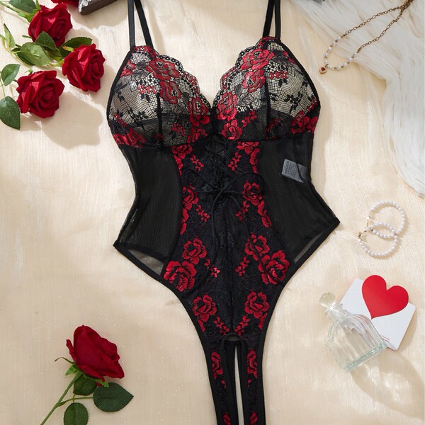 Black lace bodysuit with red floral embroidery, sheer mesh panels, and open-crotch design. sexy european-style lingerie for w...