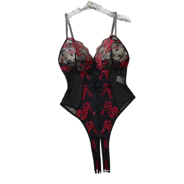Black lace bodysuit with red floral embroidery, sheer mesh panels, and open-crotch design. sexy european-style lingerie for w...
