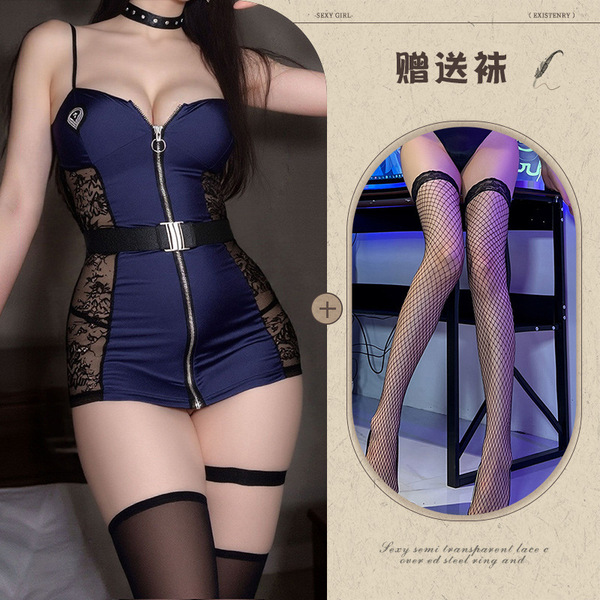 Manny Night Cosplay Police Uniform Lingerie Set - Sexy Lace Bodysuit with Cut-Out Design, Role Play Outfit - Bodycon skirt + black fishnet stockings