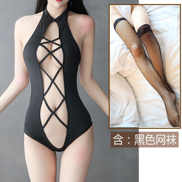 Ultra-Small Sailor-Style Bikini Swimwear with Lace & Open-Crotch Design – Pure Temptation Swim Set - Black lace + stockings set