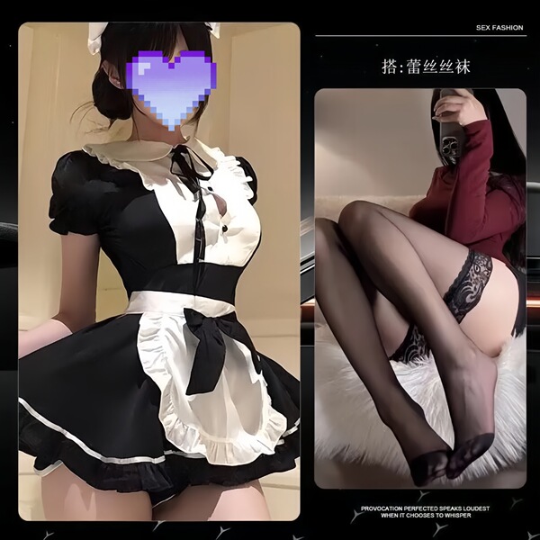 Plus Size Sexy Maid Costume Set - Cute & Seductive Adult Costume with Apron & Matching Accessories - Black + Plus Size Black Stockings