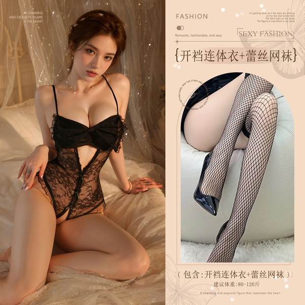 French-Style Sheer Lingerie Bodysuit with Large Bow & Open-Crotch Design – Busty-Looking, Bed-Ready, No-Remove Elegance - Black (large bow crotchless bodysuit + lace fishnet stockings)