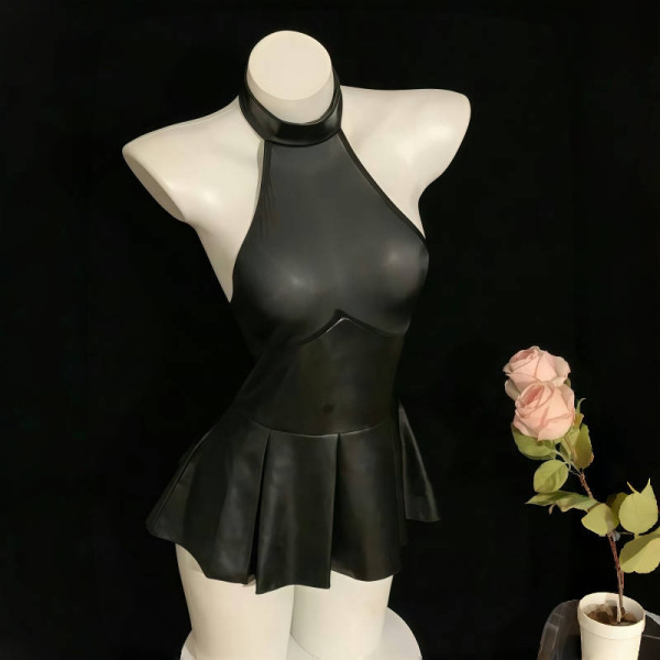 Plus Size Sexy Lingerie Sheer Pleated Mini Leather Skirt Set - Busty OI Uniform Style Outfit for Confident Women - Black patent leather mini skirt + matching suspender stockings