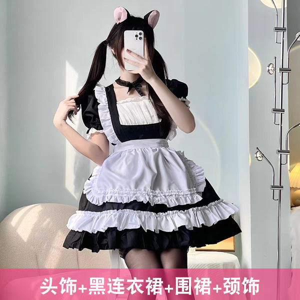 Adorable Bow Cosplay Dress - Student Maid Outfit & Lolita Style Daily Dress for Girls - Black Lolita Four-Piece Set