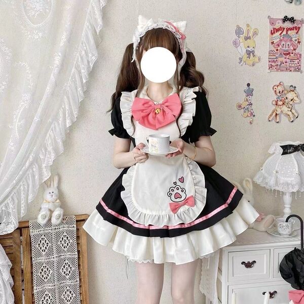 New Japanese Lolita Dress for Girls - Cute Kawaii Student A-Line Skirt, Soft Girly Princess Cosplay Outfit - Black and pink Lolita three-piece set (skirt + large bow + apron)