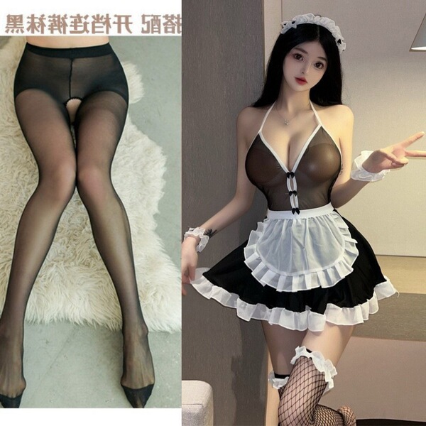 Sexy Maid Costume Set - Seductive Lingerie Sleepwear Outfit for Role Play & Bedroom Fun - Black and white maid + black open-crotch stockings