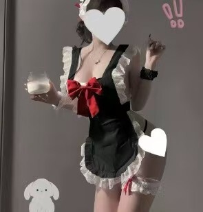 Anime Maid Cosplay Dress - Cute Lolita Style Costume for Women, Sexy & Playful Female Servant Outfit - Black chic maid outfit ◆ [Headband + apron + bracelets_2 + leg rings + thong]