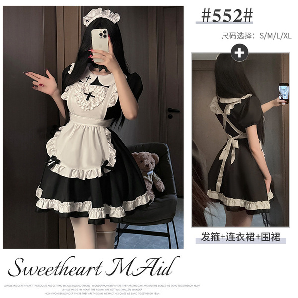 Xianyi Japanese Soft Girl Cosplay Maid Costume - Anime Servant Role Play Outfit for Women - Black Maid (Dress + Apron + Headwear) + W24 White