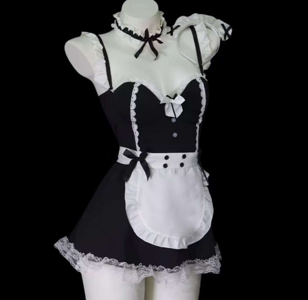 Sexy Maid Costume with Underwire Push-Up Bra - Flirty French Maid Outfit for Women, Lingerie Sleepwear Set - Black maid outfit (headband, choker, suspender skirt, apron, thong)