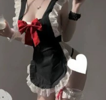 Wanhou Heart Apron Cosplay Maid Costume Set - Sexy Adult Sleepwear & Uniform Outfit for Women - Black Maid