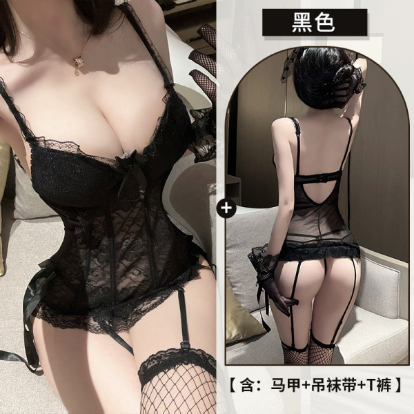 Rabbit Girl Lingerie Set - Sexy Open-Crotch Costume with Underwire Bra & Padded Cups, Hot Bunnies Outfit 5425 - black