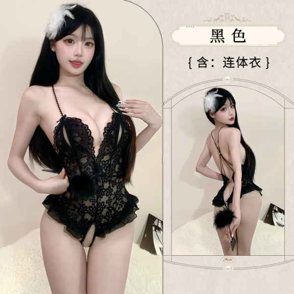 Seductive Lace Open-Crotch Bodysuit - Pure & Tempting Sheer Sleepwear Set 8368 - black