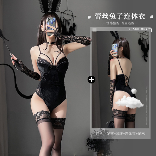 Manyan Sexy Lingerie Set - Pure & Tempting Velvet Bunny Costume with Open-Crotch Bodysuit for Role Play - black