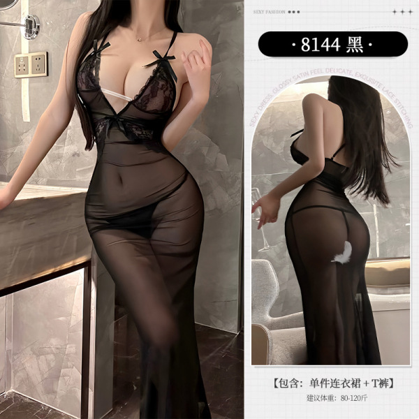 Lace Sheer Long Dress - Seductive Adult Lingerie Sleep Dress for Women, Pure & Tempting Nightwear - black