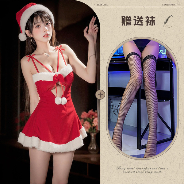 Christmas Velvet Lingerie Set - Sexy Role Play Sleep Dress, Naughty Holiday Costume for Women - Image style + black fishnet stockings