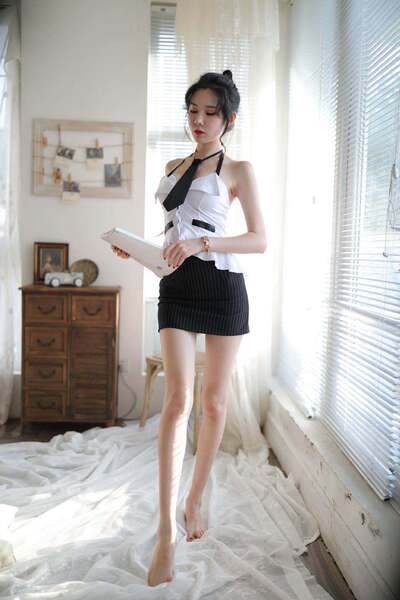 Mannyqing Secretarial Costume Set - Strapless Tie, Backless Striped Mini Skirt, Sexy & Playful Lingerie Outfit - Picture set + black fishnet stockings