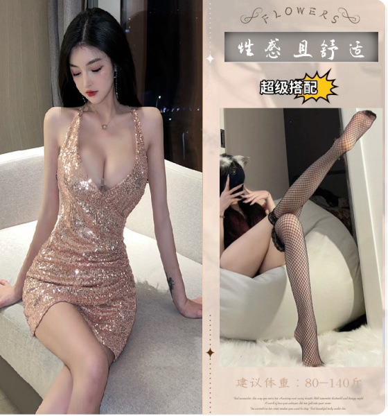 YueDie Sexy Lingerie Set for Women – Deep V Sparkle Nightwear, Shiny Sequin Sleep Dress, Alluring Adult Intimate Apparel - Picture set + black fishnet stockings