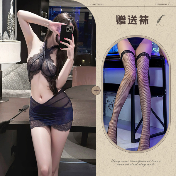 Mannyqing Lace Necktie Lingerie Set - Sheer Cross-Back Sensual Bra & Panty Set, Pure Temptation Erotic Outfit - Image color + black fishnet stockings