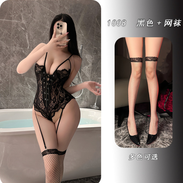 YeYu Plus Size Lace Lingerie Set with Underwire & Padded Cups - Sexy Uniform-Inspired Women's Intimate Apparel - Black + Fishnet Stockings