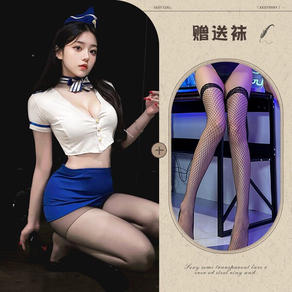 Manny Night Pure & Tempting Air Hostess Costume Set - Sexy Role Play Outfit for Women - Image color + black fishnet stockings