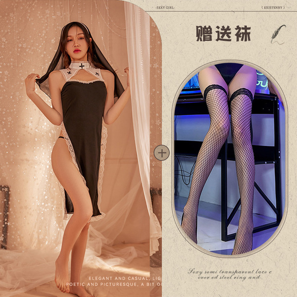 Midnight Temptation Sexy Nun Costume - Lace Bodice Role Play Outfit with Sheer Panels & High Slit - Picture set + black fishnet stockings
