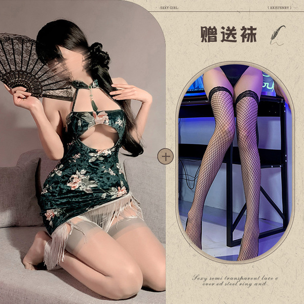 Qingran Vintage Velvet Cheongsam Lingerie - Seductive Peony Print Bodycon Dress with Tassels - Image color + black fishnet stockings