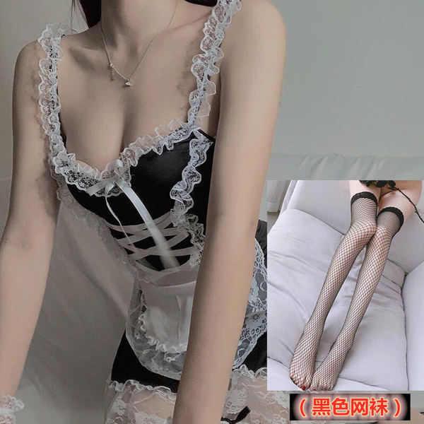 Sexy Plus Size Maid Costume Set - Cute Student-Themed Lingerie Sleepwear, No-Remove Temptation Outfit for Women - Suit + black fishnet stockings