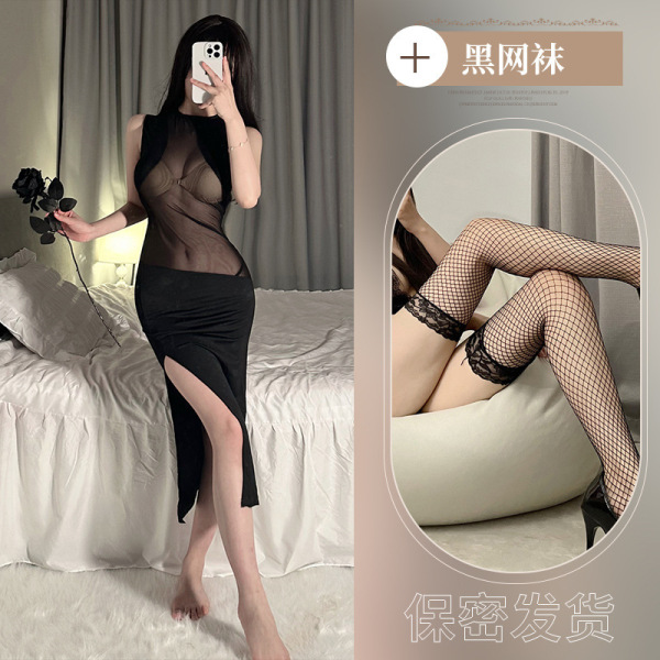 Sexy Lace Sheer Bodycon Dress for Women – Provocative Nightclub Party Dress, Tight Fit & Alluring Mesh Long Dress - Suit + Black Fishnet Stockings