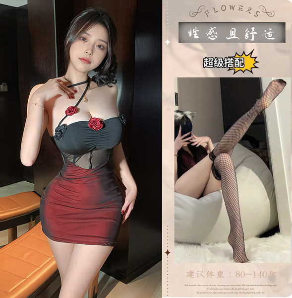 New Year Lingerie Set - Seductive Sheer Sleep Dress with Built-in Pads & Bodycon Fit - Picture set + black fishnet stockings