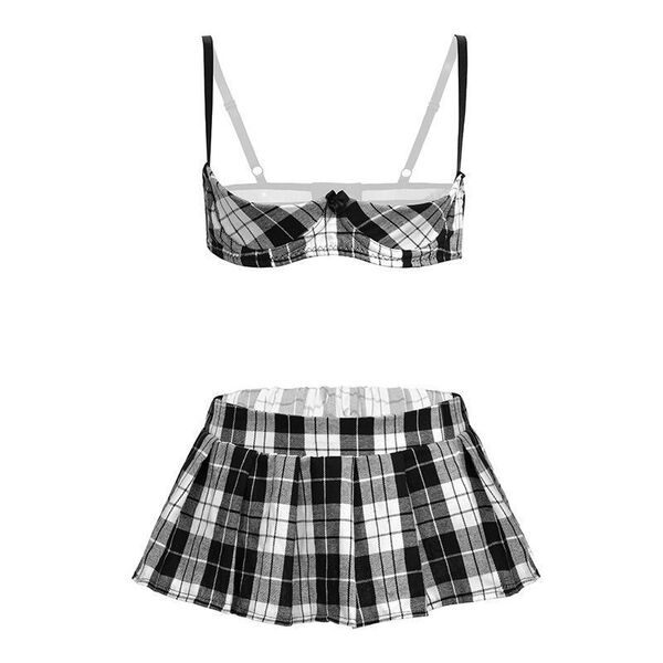 Qingran Sexy Lingerie Set with Underwire - Plaid Schoolgirl Mini Skirt Outfit,Europe and America-Style Temptation Ensemb - Picture set (excluding nipple covers) + black fishnet stockings