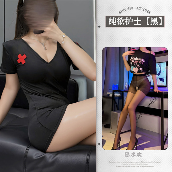 Sexy Nurse Costume for Women - Seductive Lingerie Sleepwear Set with Skirt & Top, Bedroom Role Play Outfit - Black nurse + black open-crotch stockings
