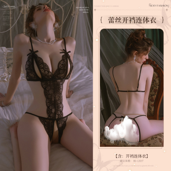 Mannyan Lace Open-Crotch Bodysuit - Sheer Mesh Sexy Lingerie Outfit for Women - 6921183324537 Black [Single Open Crotch Bodysuit]