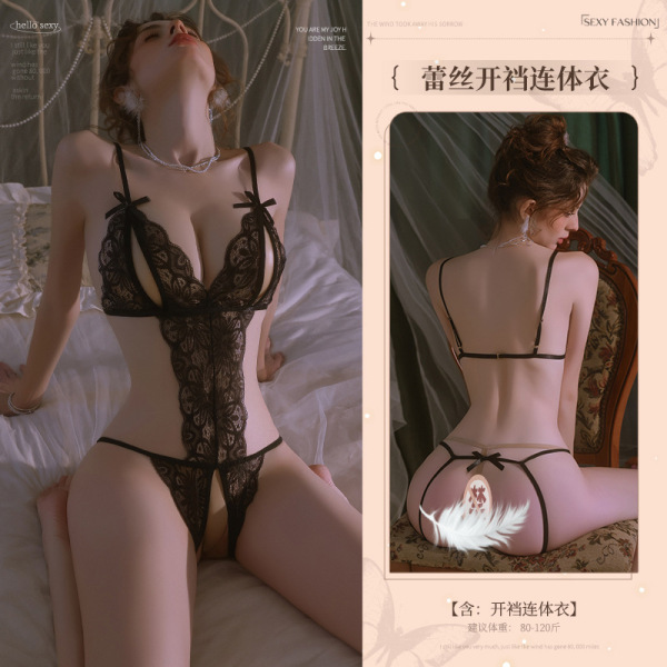 Mannyan Lingerie Set for Women - Sensual Lace Deep V-Neck Open-Crotch Bodysuit with Bow Detail, Sheer Mesh Sleepwear - 6921183324537 Black [Single Open Crotch Bodysuit]