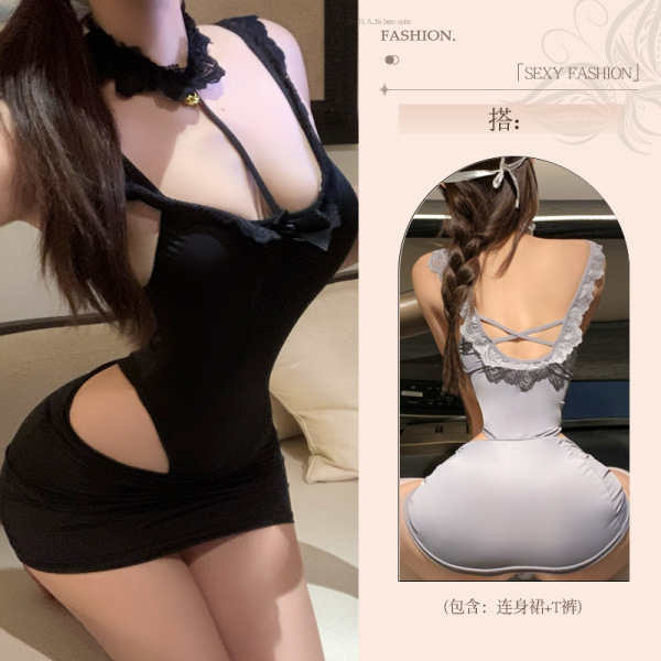 Pure & Seductive Lace Bodysuit - Sexy Q-QNY Style High-Waisted Bodycon Skirt Set for Women - Black bodysuit + pencil skirt + white open-crotch stockings