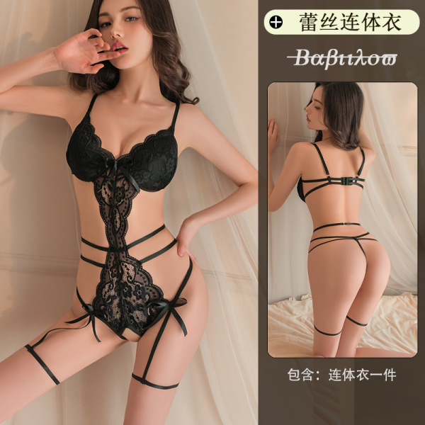Qingqing Lace Sheer Bodysuit for Small Bust - Push-Up Padded Sexy Open-Crotch Tight Set - black jumpsuit