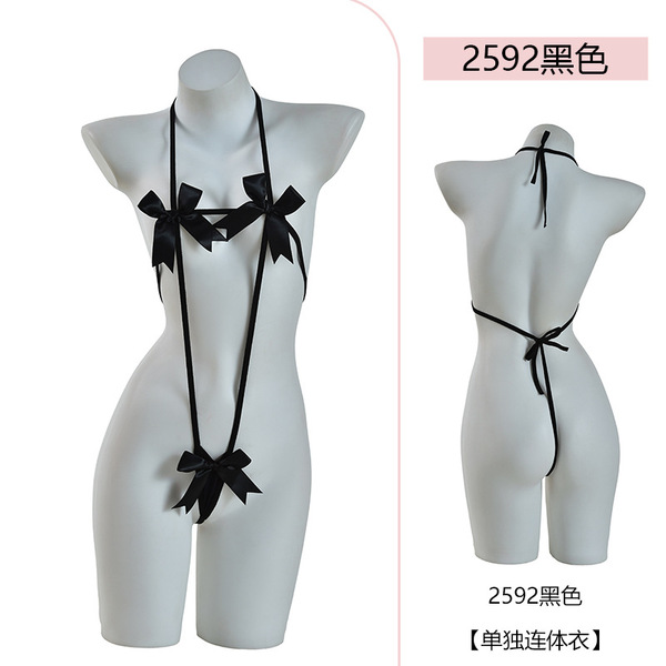 PinXian Sexy Lace Bikini Set with Adjustable Bow Tie – Christmas & New Year Matching Outfit - Black (one-piece bodysuit)
