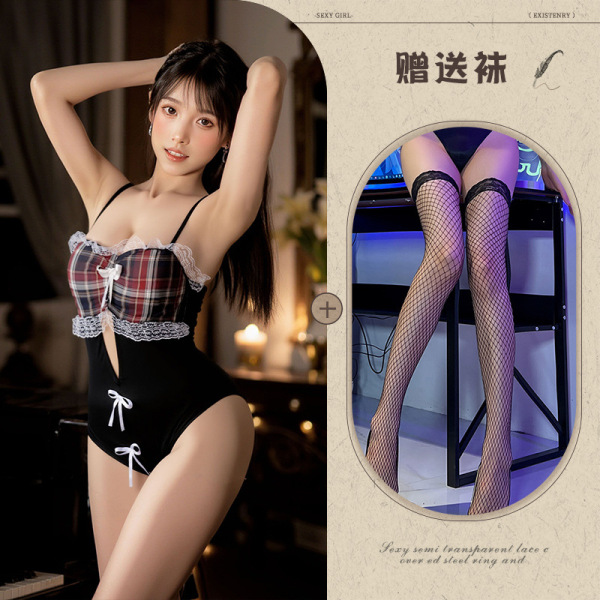 Sailor Uniform Lingerie Set - Seductive Schoolgirl & Maid Style Lace Bra & Ultra-Short Skirt Outfit - Black checkered bodysuit + black fishnet stockings
