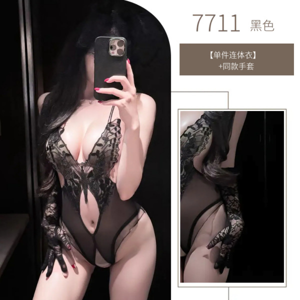 Sexy Sheer Lace Bodysuit for Small Bust Women - Open-Crotch Tight Fit Costume Set with Butterfly Detail - Black bodysuit + gloves