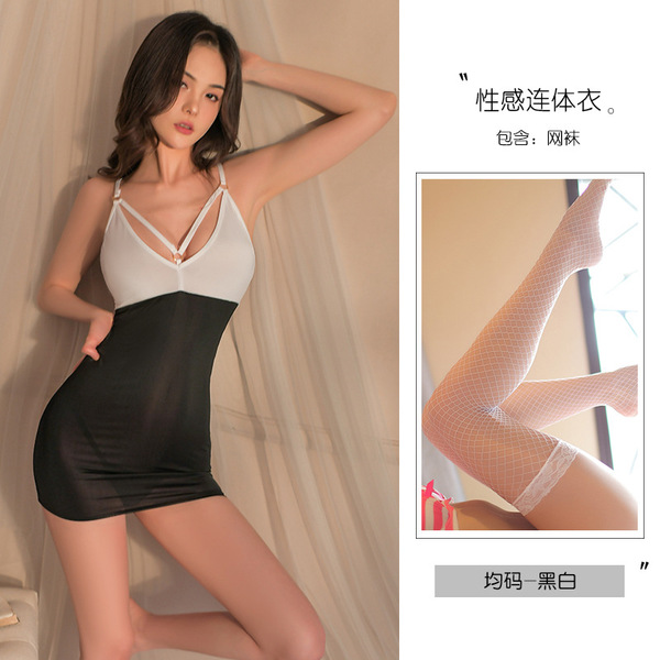 Sexy Lace Bodysuit with Ties - Sheer Mesh Erotic Sleepwear for Women, Provocative Boudoir Outfit - Black and white bodysuit + white fishnet stockings