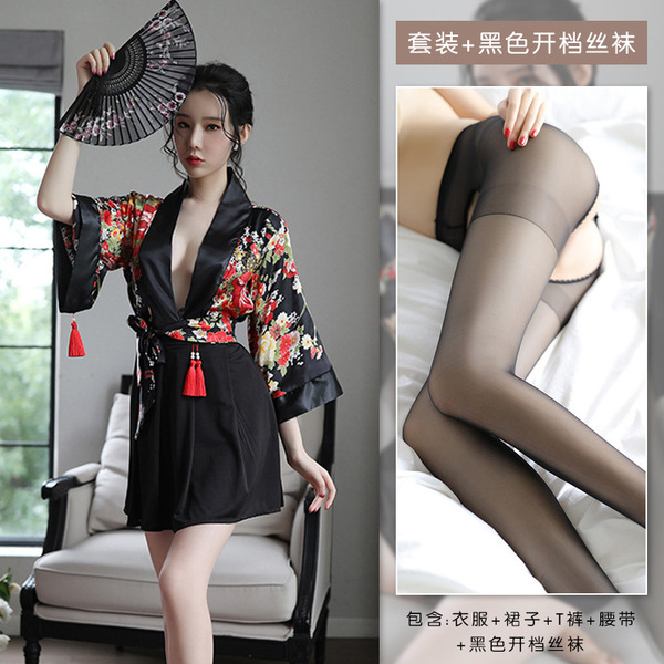 Muxue 1009 Japanese-Style Erotic Lingerie Set – Sexy Kimono-Themed Roleplay Outfit for Women - Set + Black Open Crotch Stockings