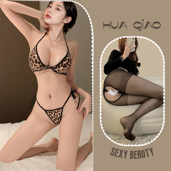 Leopard Print Sexy Lingerie Set for Women – Comfortable Pure-Temptation Halter Tie-Back Sleepwear & Intimate Outfit - Image color + black open-crotch stockings