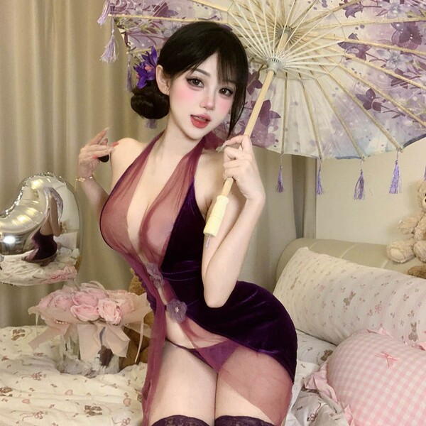 Seductive Purple Cheongsam Lingerie Set - Pure-Yet-Tempting Sleepwear with Open Back & No-Remove Design - Purple [cheongsam + T-shirt + black open-crotch socks]