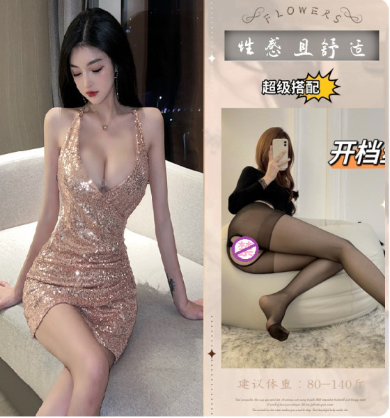 YueDie Sexy Lingerie Set for Women – Deep V Sparkle Nightwear, Shiny Sequin Sleep Dress, Alluring Adult Intimate Apparel - Picture set + black open-crotch stockings