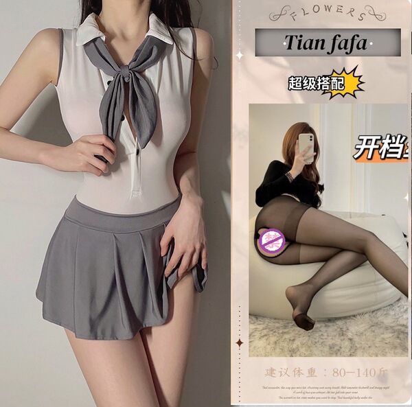 College-Style Backless Lingerie Dress - Seductive JK Uniform Set for Women, Pure & Tempting Outfit - Picture set + black open-crotch stockings