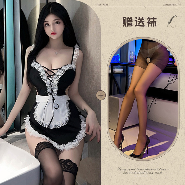 Night-Su Seductive Lace Maid Costume - Role Play Erotic Sleep Dress with Ties & Sheer Mesh - Picture set + black open-crotch socks